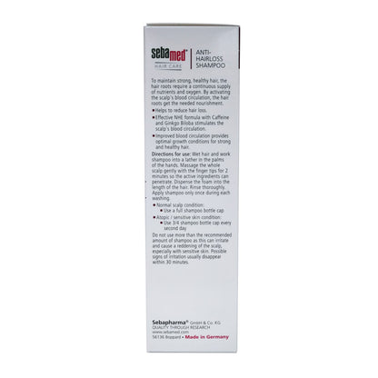 Product details and directions for Sebamed Hair Care Anti-Hairloss Shampoo in English