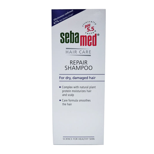 Product label for Sebamed Hair Care Repair Shampoo in English