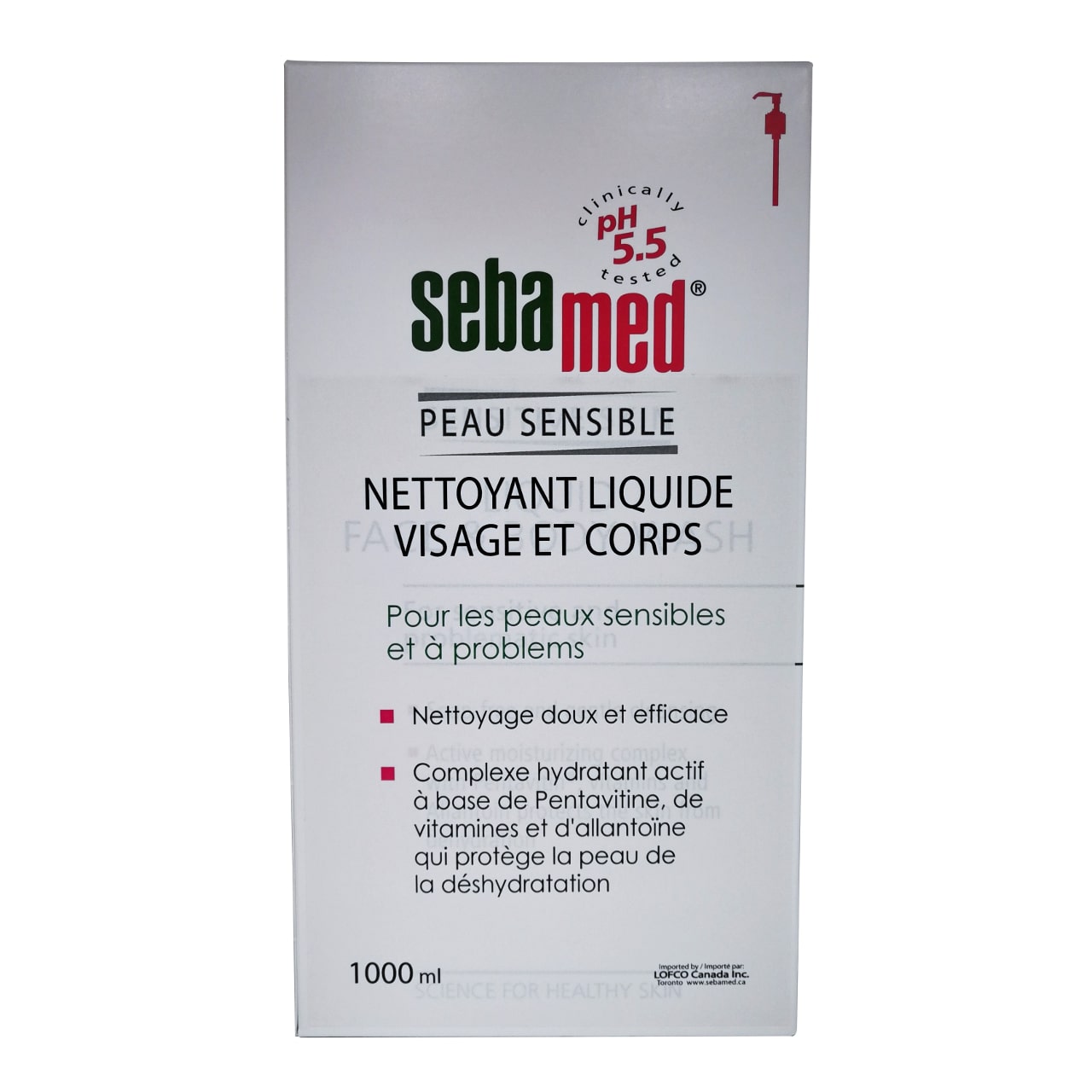 Product label for Sebamed Liquid Face & Body Wash 1L in French