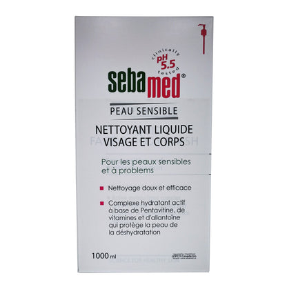 Product label for Sebamed Liquid Face & Body Wash 1L in French