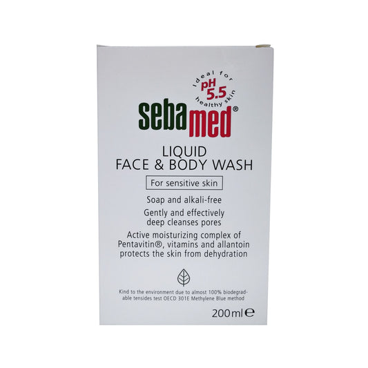Product label for Sebamed Liquid Face & Body Wash 200mL in English