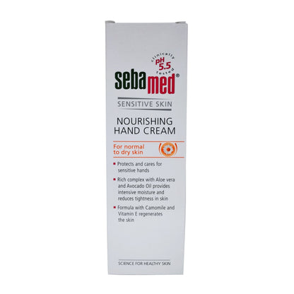 Product label for Sebamed Nourishing Hand Cream in English