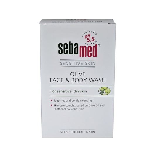 Product label for Sebamed Olive Face and Body Wash in English
