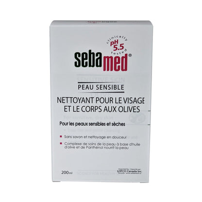 Product label for Sebamed Olive Face and Body Wash in French