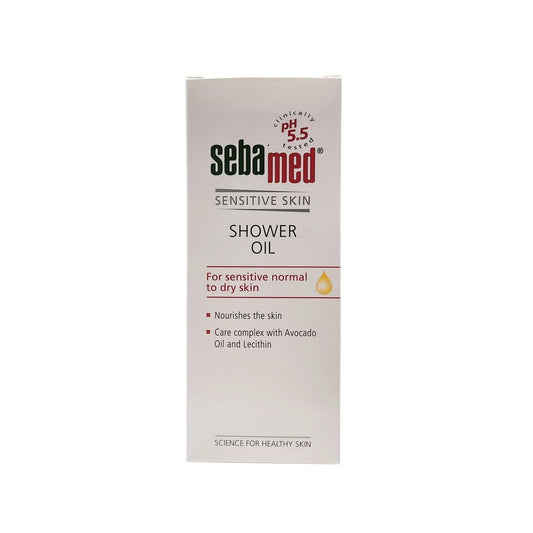 Product label for Sebamed Shower Oil for Sensitive Normal to Dry Skin (200 mL) in English