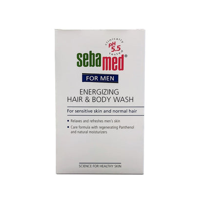 Product label for Sebamed for Men Energizing Hair and Body Wash (200 mL) in English