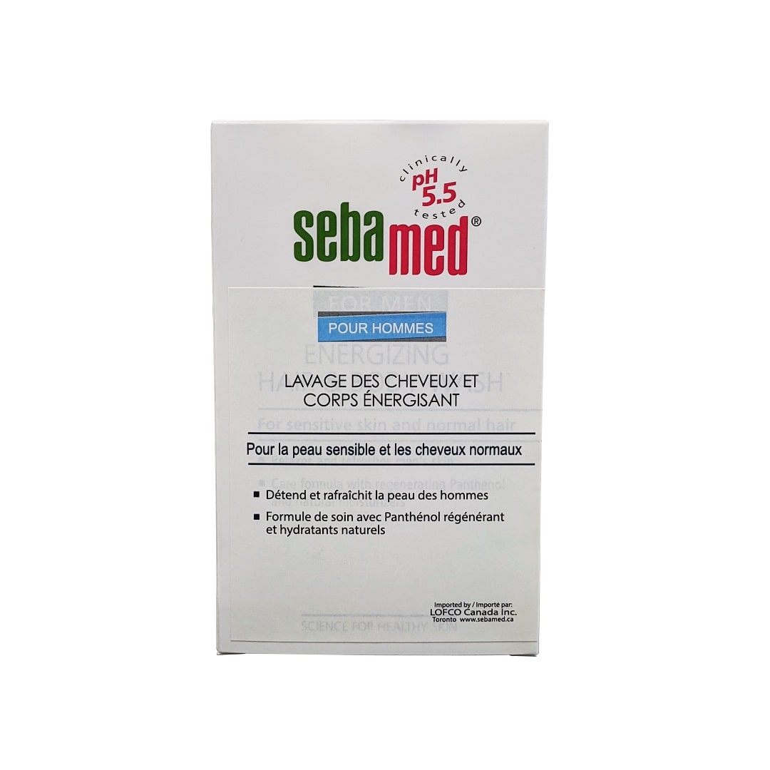 Product label for Sebamed for Men Energizing Hair and Body Wash (200 mL) in French