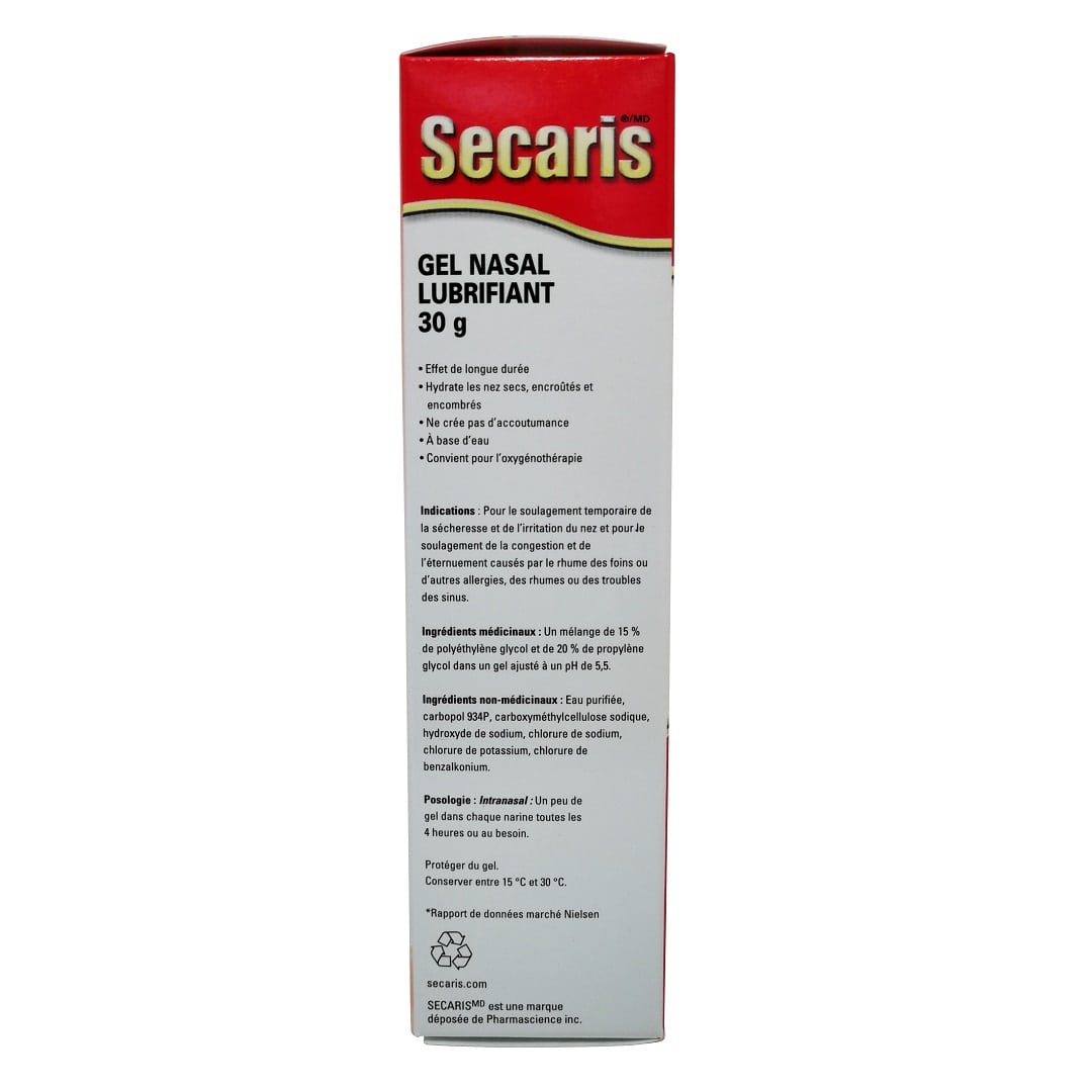 Indications, ingredients, and dosage for Secaris Lubricating Nasal Gel (30g) in French
