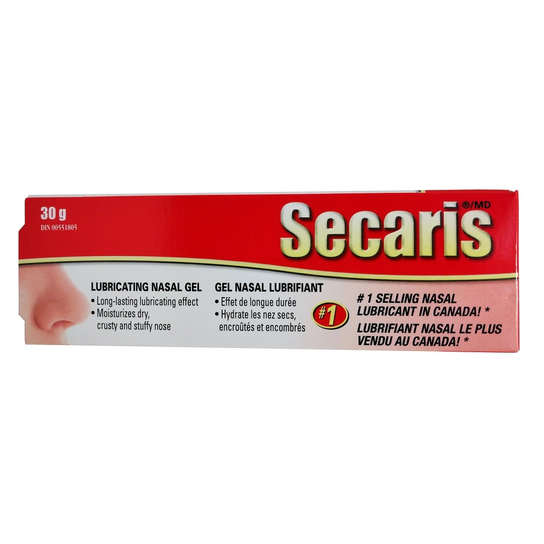 Product label for Secaris Lubricating Nasal Gel (30g)