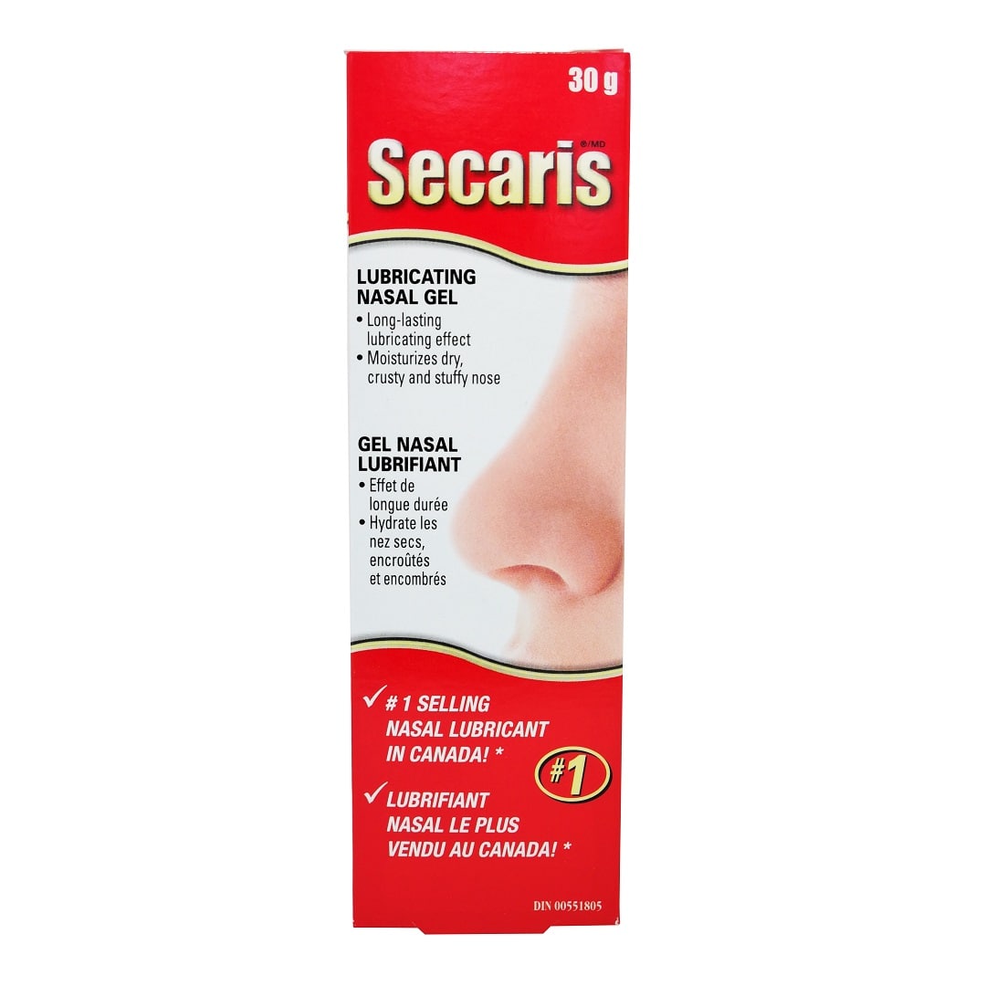 Product label for Secaris Lubricating Nasal Gel (30g)