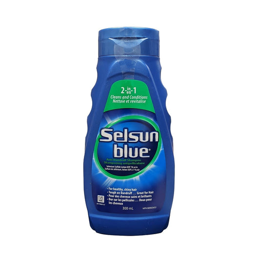 Product label for Selsun Blue Anti-Dandruff 2-in-1 Shampoo and Conditioner (300 mL) 