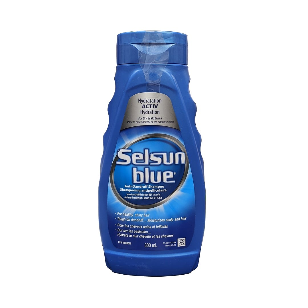 Product label for Selsun Blue Anti-Dandruff Shampoo for Dry Scalp & Hair ACTIV Hydration (300 mL)