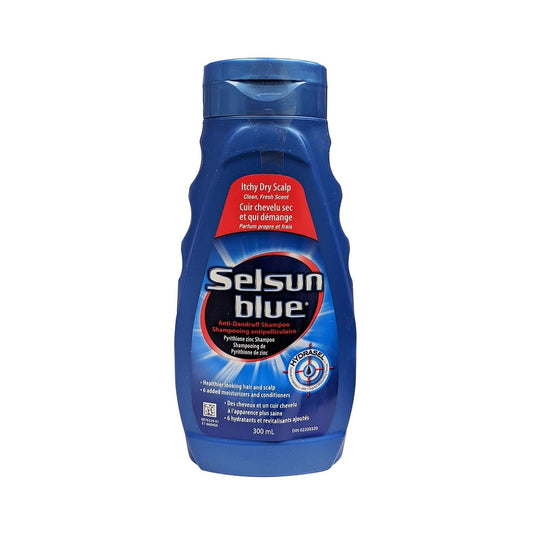 Product label for Selsun Blue Anti-Dandruff Shampoo for Itchy Dry Scalp (300 mL)