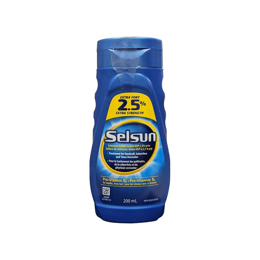 Product label for Selsun Blue Extra Strength 2.5% Selenium Sulfide Lotion (200 mL)