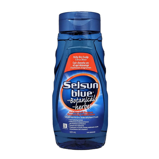 Product label for Selsun Blue with Botanical Herbs (325 mL) in English