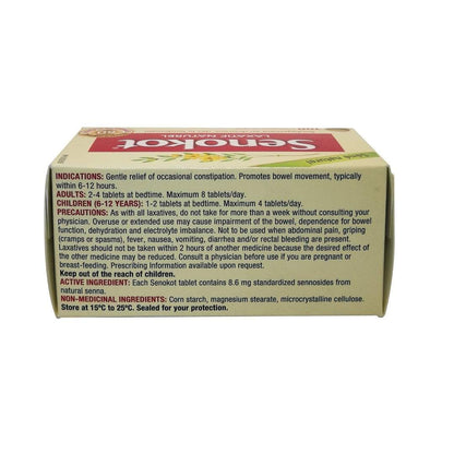 Indications, dose, precautions, and ingredients for Senokot Natural Laxative Tablets 100s in English