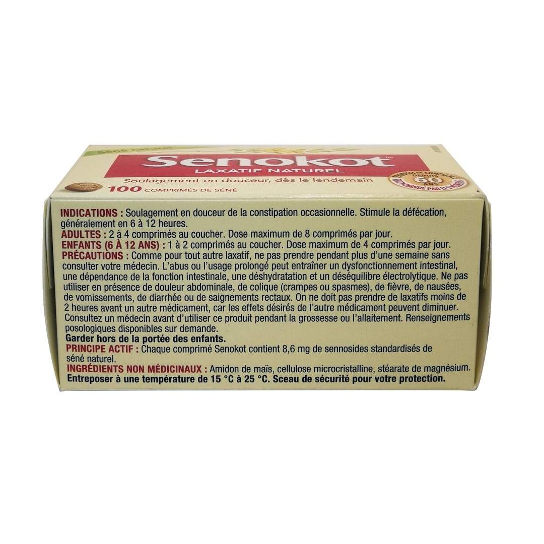 Indications, dose, precautions, and ingredients for Senokot Natural Laxative Tablets 100s in French