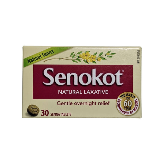 Product label for Senokot Natural Laxative Tablets (30 tablets) in English