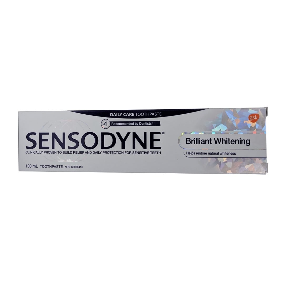 Product label for Sensodyne Toothpaste Brilliant Whitening (100 mL) in English