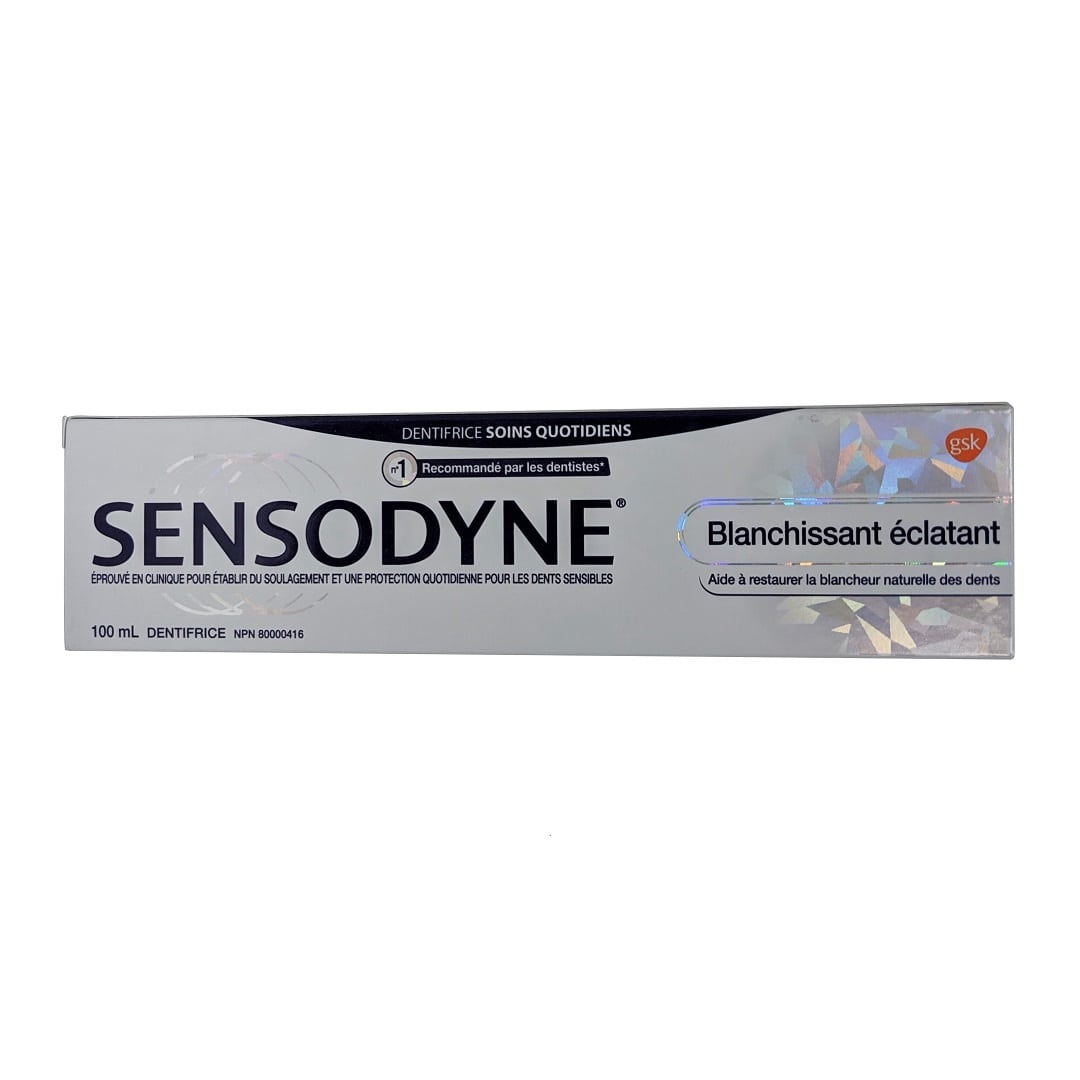 Product label for Sensodyne Toothpaste Brilliant Whitening (100 mL) in French