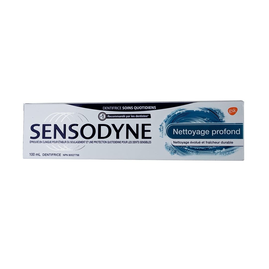 Product label for Sensodyne Toothpaste Deep Clean  in French