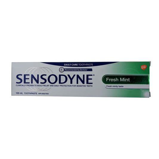 Product label for Sensodyne Toothpaste Fresh Mint (100 mL) in English
