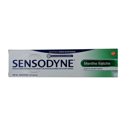 Product label for Sensodyne Toothpaste Fresh Mint (100 mL) in French
