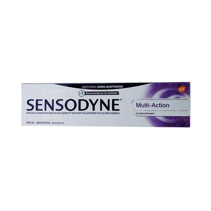 Product label for Sensodyne Toothpaste Multi-Action (100 mL) in French