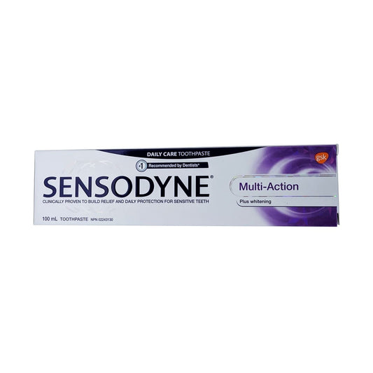 Product label for Sensodyne Toothpaste Multi-Action (100 mL) in English