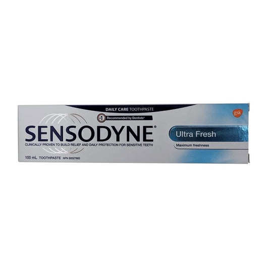 Product label for Sensodyne Toothpaste Ultra Fresh (100 mL) in English