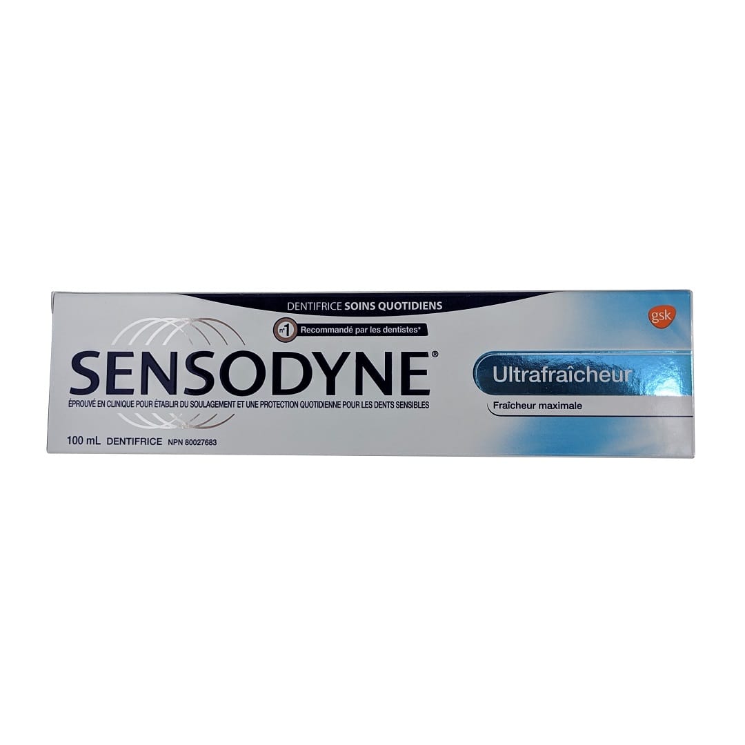 Product label for Sensodyne Toothpaste Ultra Fresh (100 mL) in French