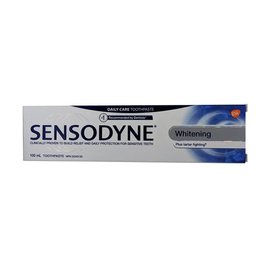 Product label for Sensodyne Toothpaste Whitening (100 mL) in English
