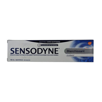 Product label for Sensodyne Toothpaste Whitening (100 mL) in French