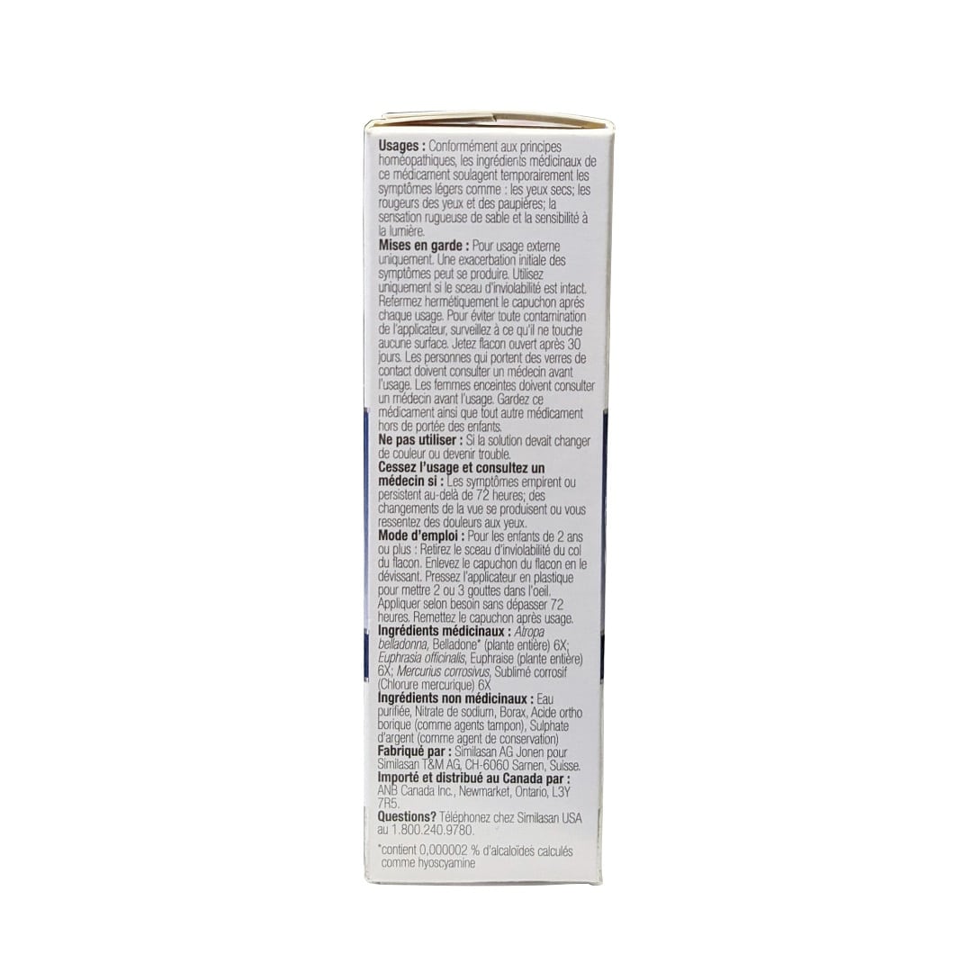 Uses, Warnings, Directions, Ingredients for Similasan Dry Eye Relief Original Swiss Formula (10 mL) in French