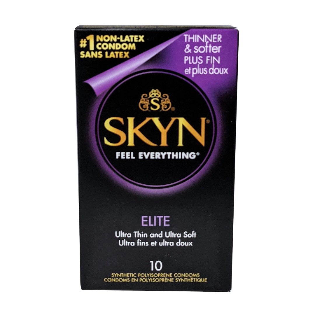 Product label for Skyn Elite Ultra Thin and Ultra Soft Latex Free Condoms (10 count)
