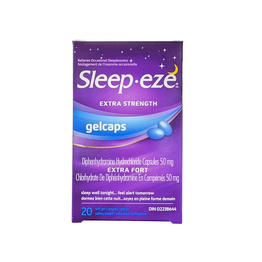 Product label for Sleep-eze Extra Strength Diphenhydramine Hydrochloride 50 mg Gel Capsules (20 softgels)