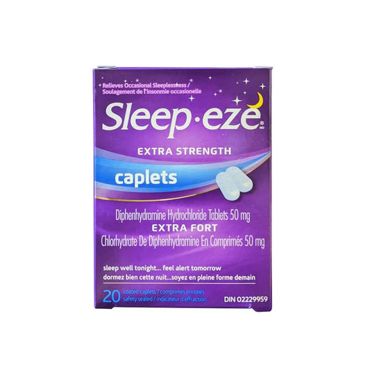 Product label for Sleep-eze Extra Strength Diphenhydramine Hydrochloride 50 mg Caplets (20 caplets)