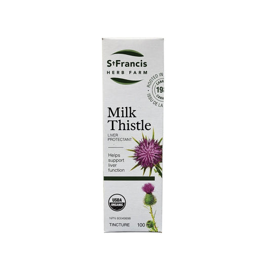 Product label for St. Francis Milk Thistle Tincture (100 mL) in English