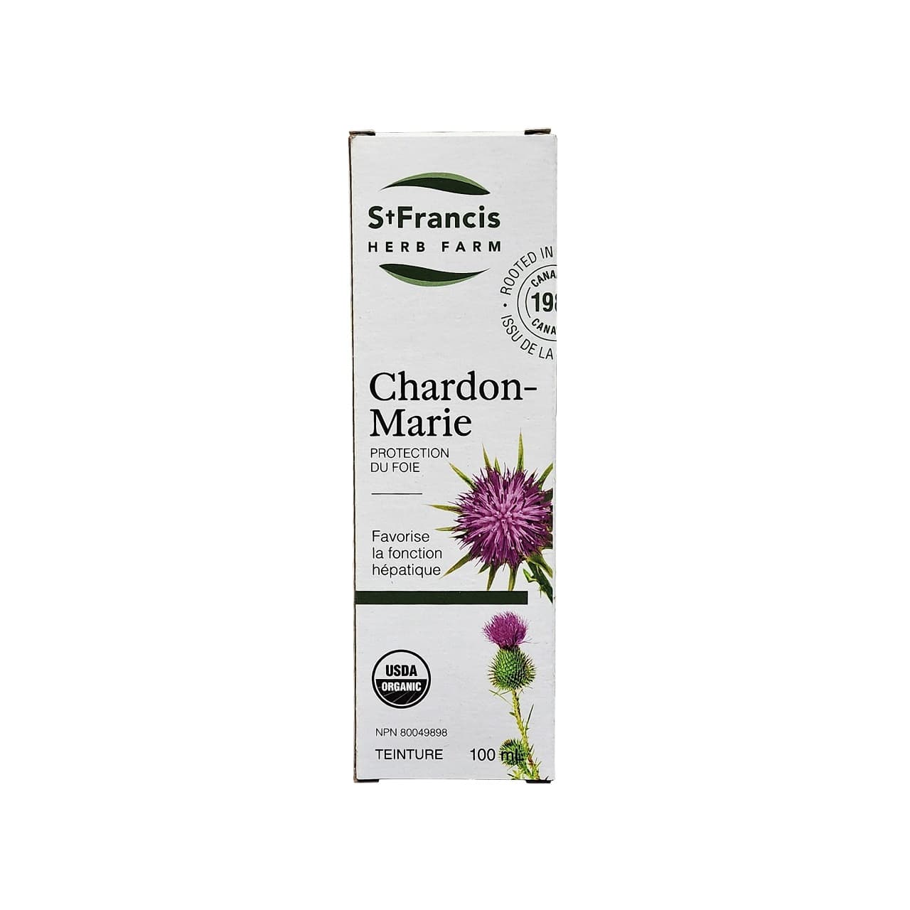 Product label for St. Francis Milk Thistle Tincture (100 mL) in French