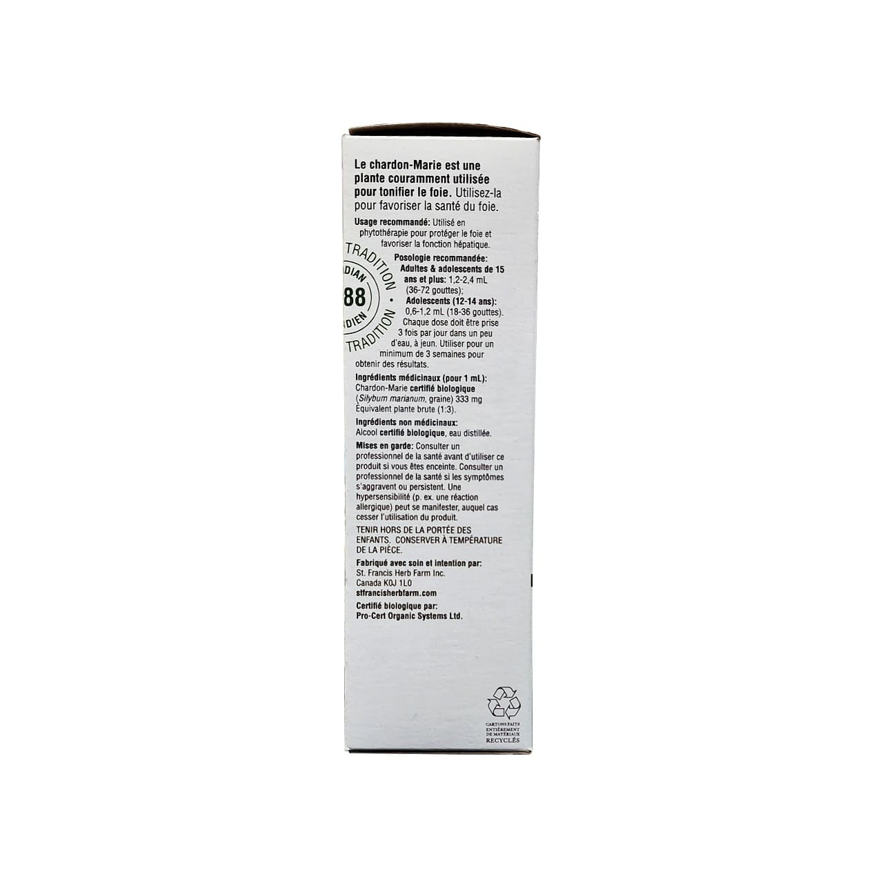 Description, uses, doses, ingredients, warnings for St. Francis Milk Thistle Tincture (100 mL) in French