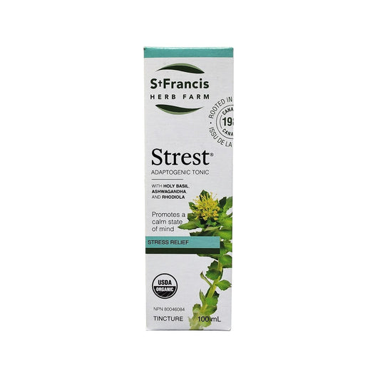 Product label for St. Francis Strest Adaptogenic Tonic for Stress Relief (100 mL) in English
