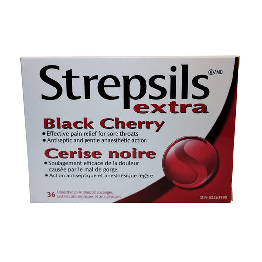 Product label for Strepsils Extra Black Cherry (36 lozenges)