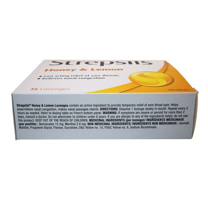 Description, directions, warnings, and ingredients for Strepsils Honey and Lemon (36 lozenges) in English