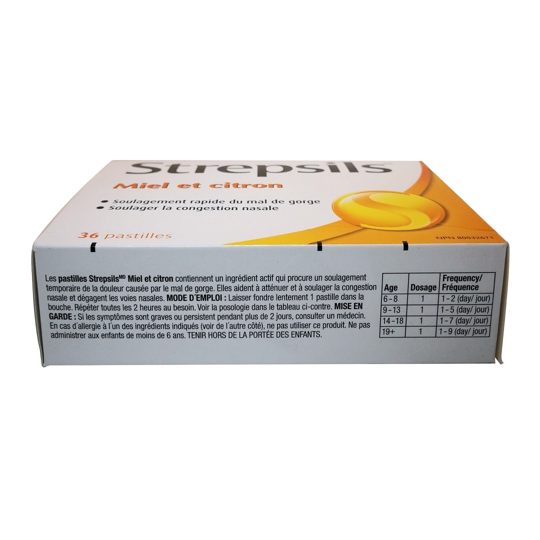 Description, directions, warnings, and ingredients for Strepsils Honey and Lemon (36 lozenges) in French