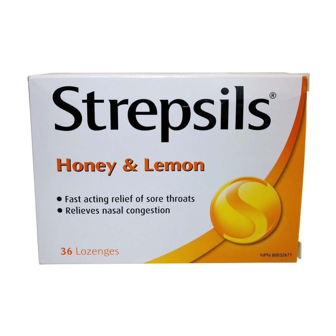Product label for Strepsils Honey and Lemon (36 lozenges) in English