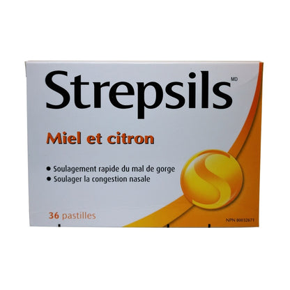 Product label for Strepsils Honey and Lemon (36 lozenges) in French