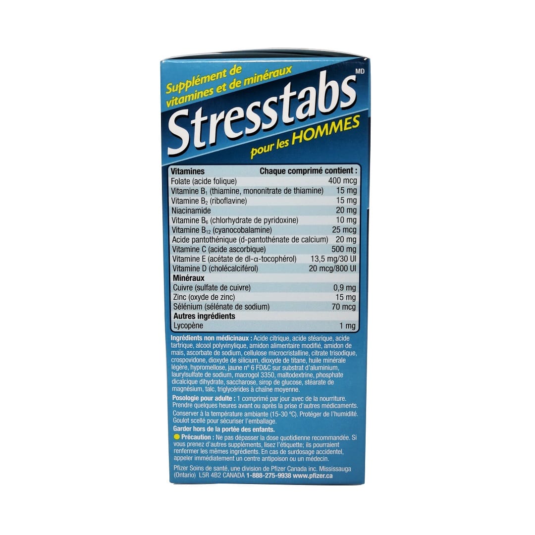 Ingredients, dosage, and caution for Stresstabs B-Complex Vitamins for Men (60 tablets) in French