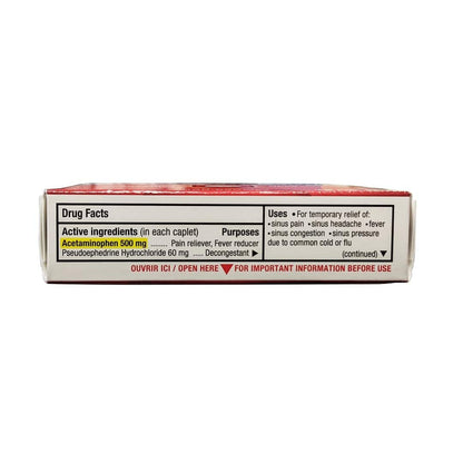 Ingredients and uses for Sudafed Extra Strength Head, Cold, & Sinus (12 Caplets) in English