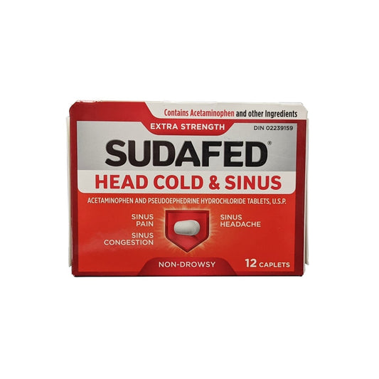 Product label for Sudafed Extra Strength Head, Cold, & Sinus (12 Caplets) in English