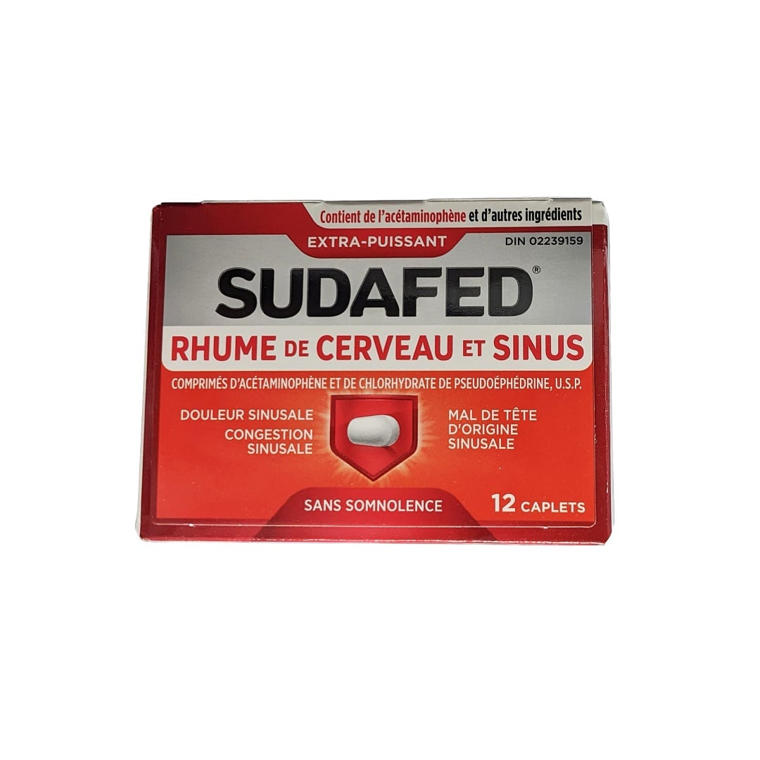 Product label for Sudafed Extra Strength Head, Cold, & Sinus (12 Caplets) in French